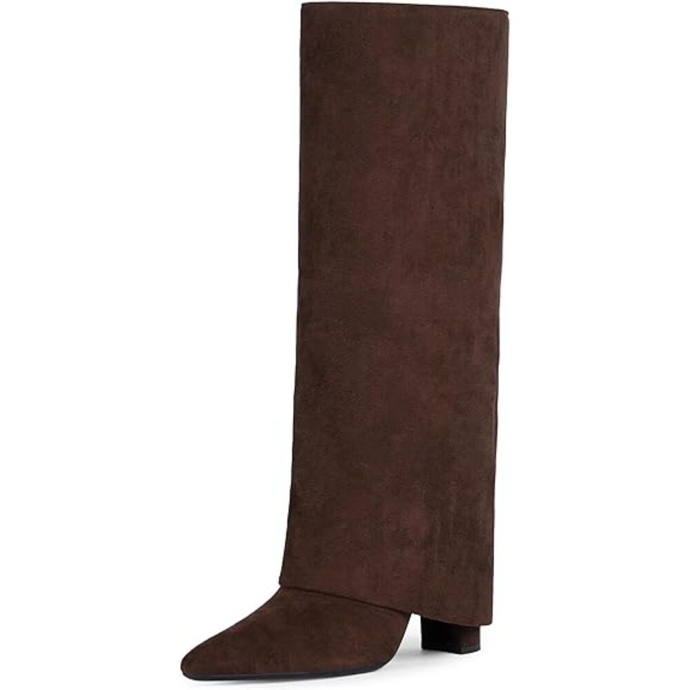 Womens chocolate Rubber Sole Pointed Toe Side Zipper Chunky Heels Knee High Boot